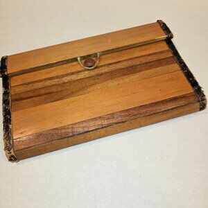 Wood Slat Clutch with Black Leather 12"